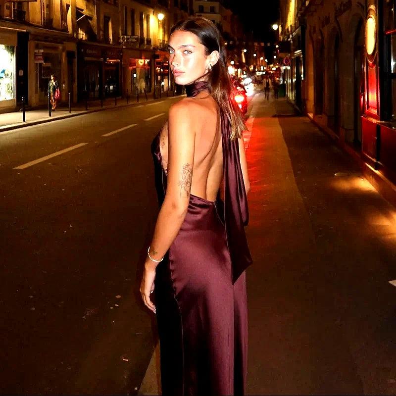 Zarif Halter Saten Sırtı Açık Maksi Elbise