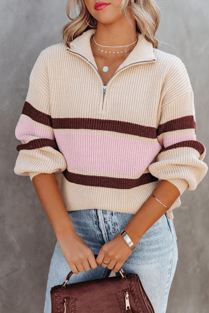 Gündelik Katı Patchwork Fermuar Yaka Kazak