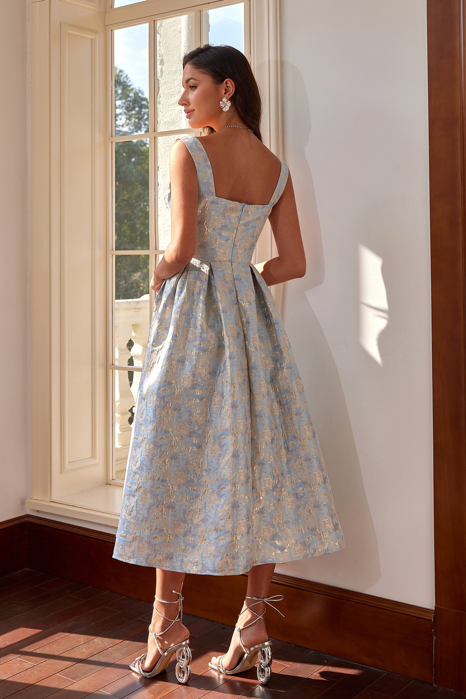 Sarah Mavi Jakarlı  Midi Elbise