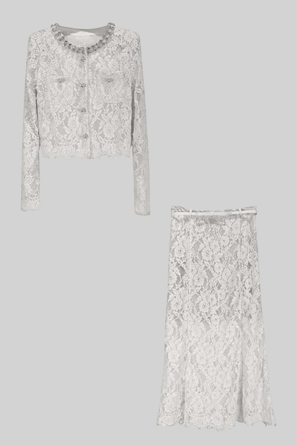 Işıltılı Yaka Süslemeli ve Midi Etekli Dantel Takımı