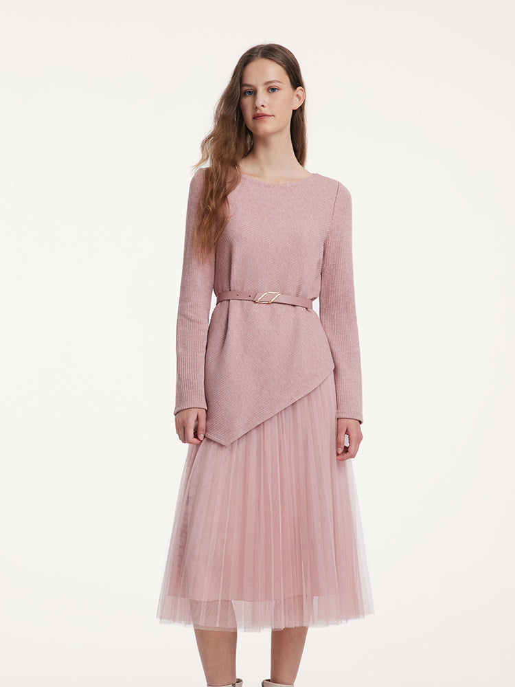 Kemerli Asimetrik Etek Uçlu Üst ve Tül Etek İki Parça Takım