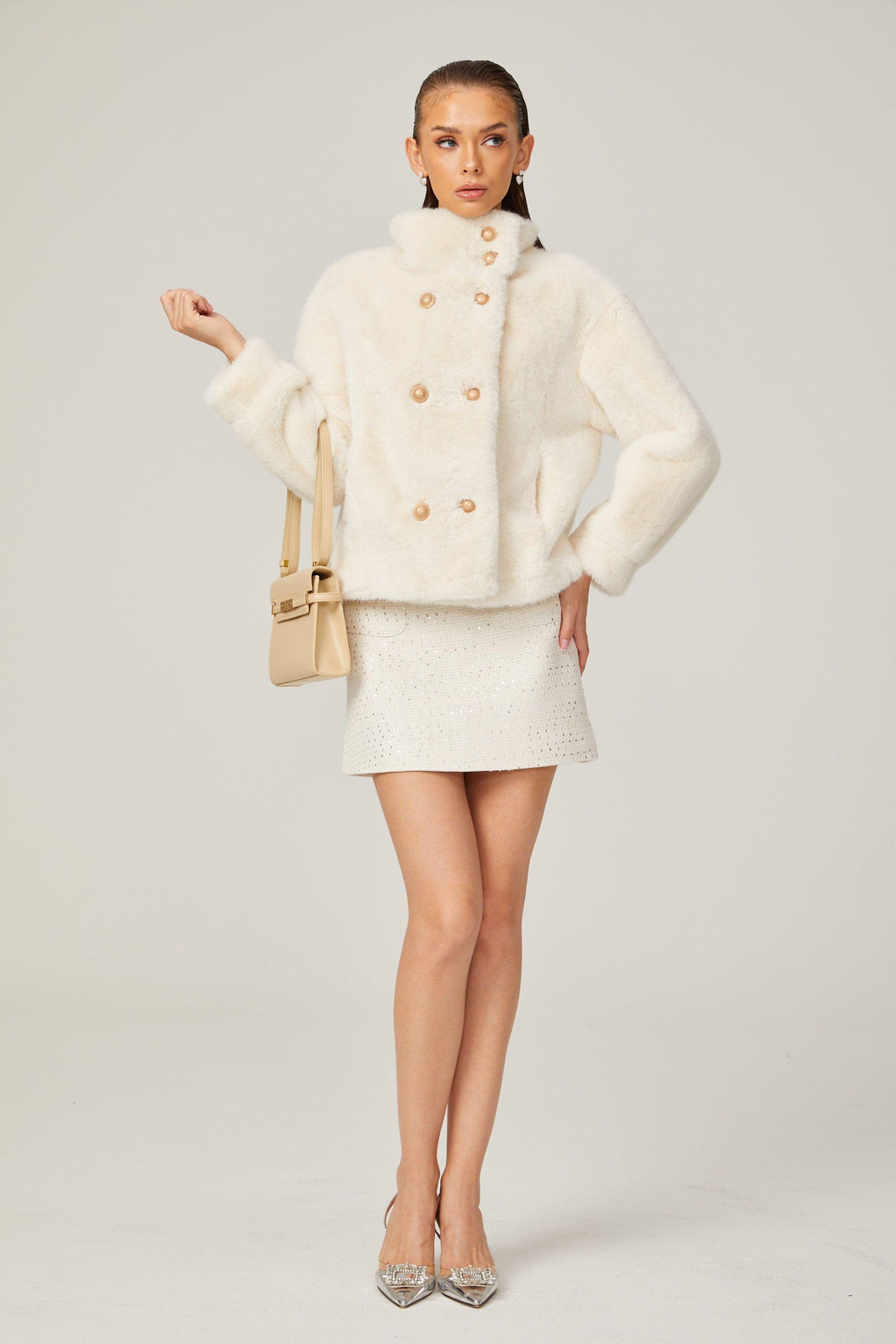 Elegance Pearl Çift Düğmeli Peluş Kaban