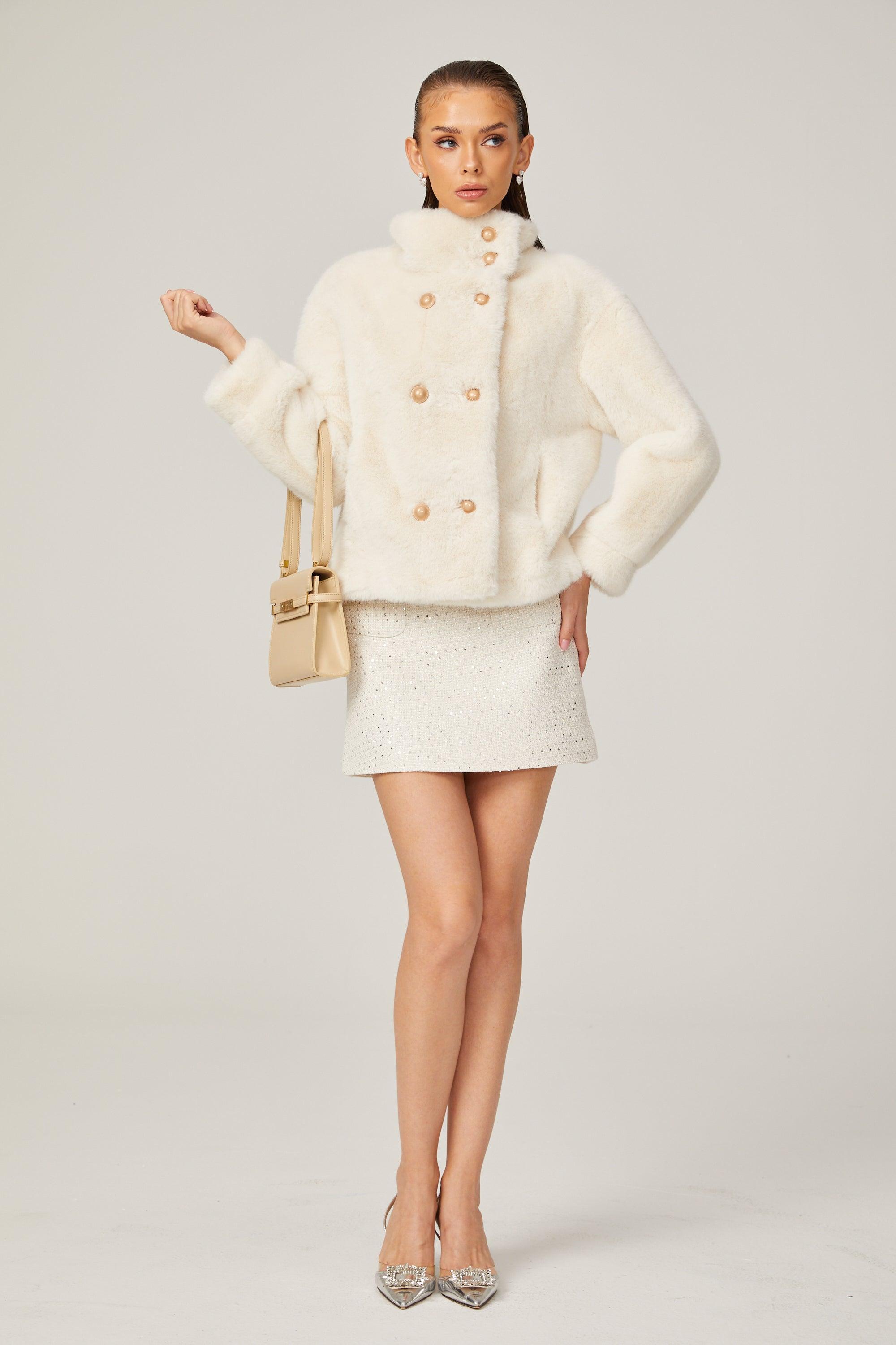 Elegance Pearl Çift Düğmeli Peluş Kaban