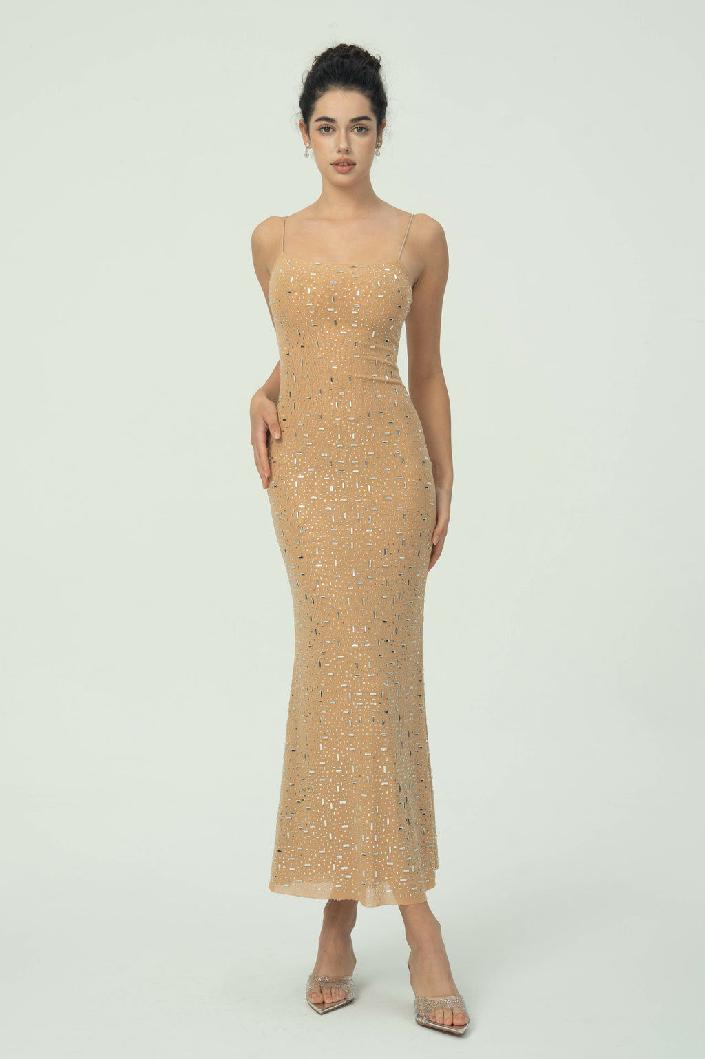 Zarif  Spagetti Askılı Maksi Elbise