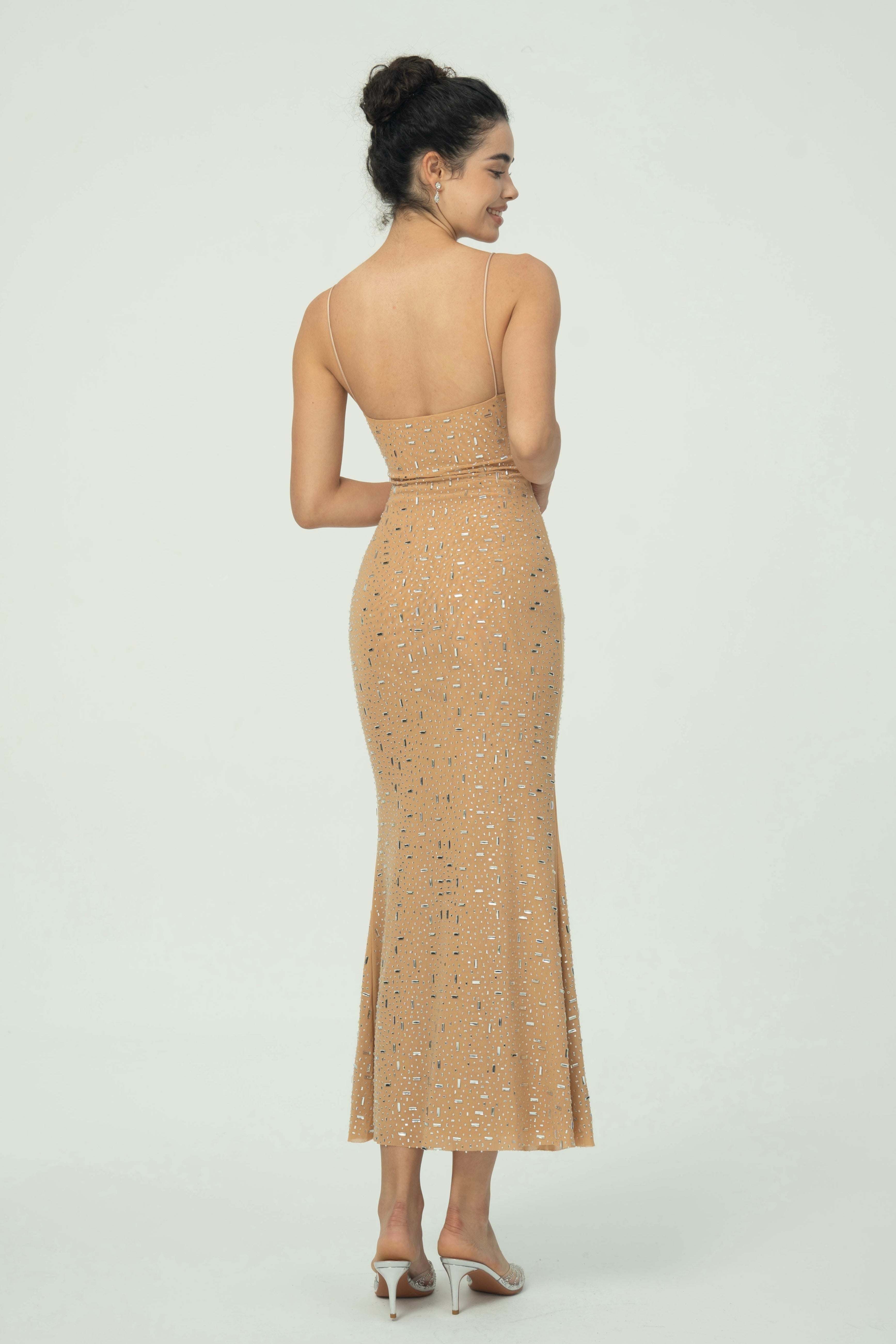 Zarif  Spagetti Askılı Maksi Elbise