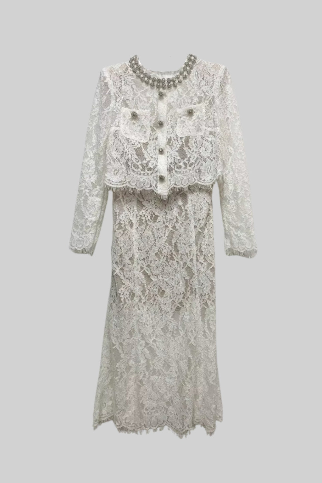 Işıltılı Yaka Süslemeli ve Midi Etekli Dantel Takımı