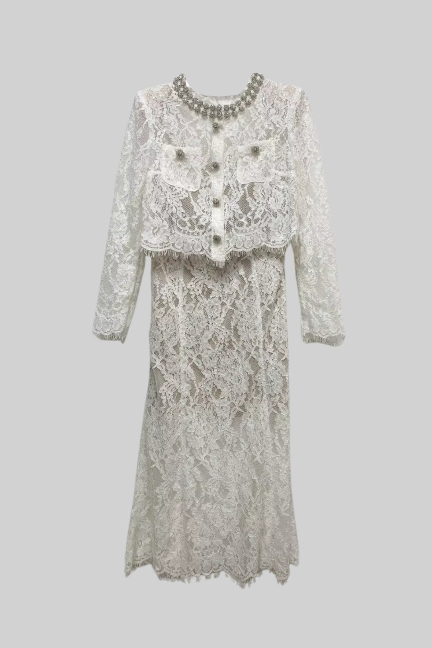 Işıltılı Yaka Süslemeli ve Midi Etekli Dantel Takımı