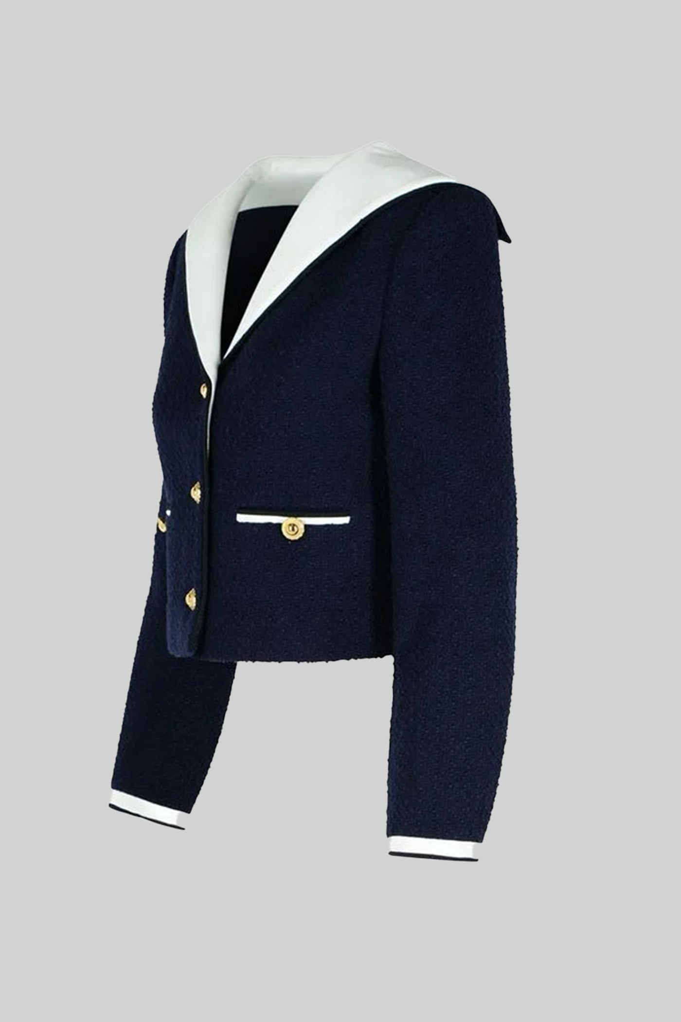 Lacivert Kontrast Yaka Detaylı Kısa Tweed Ceket