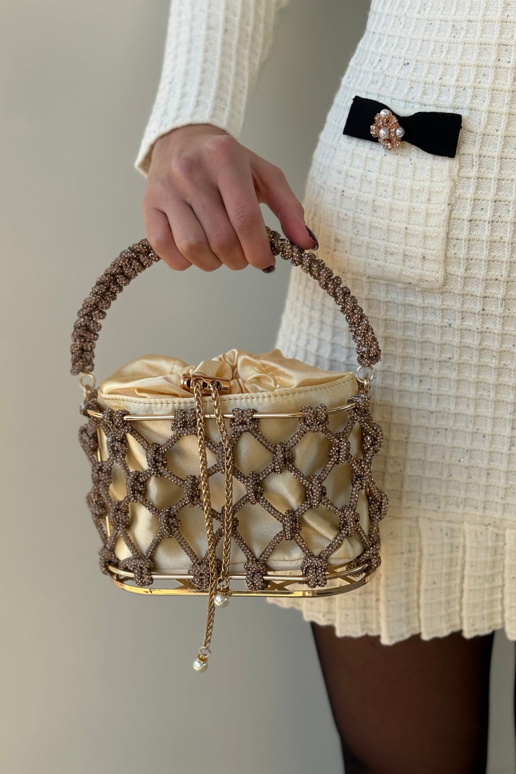 Saten İpli Kese ile Işıltılı Örgü Çanta
