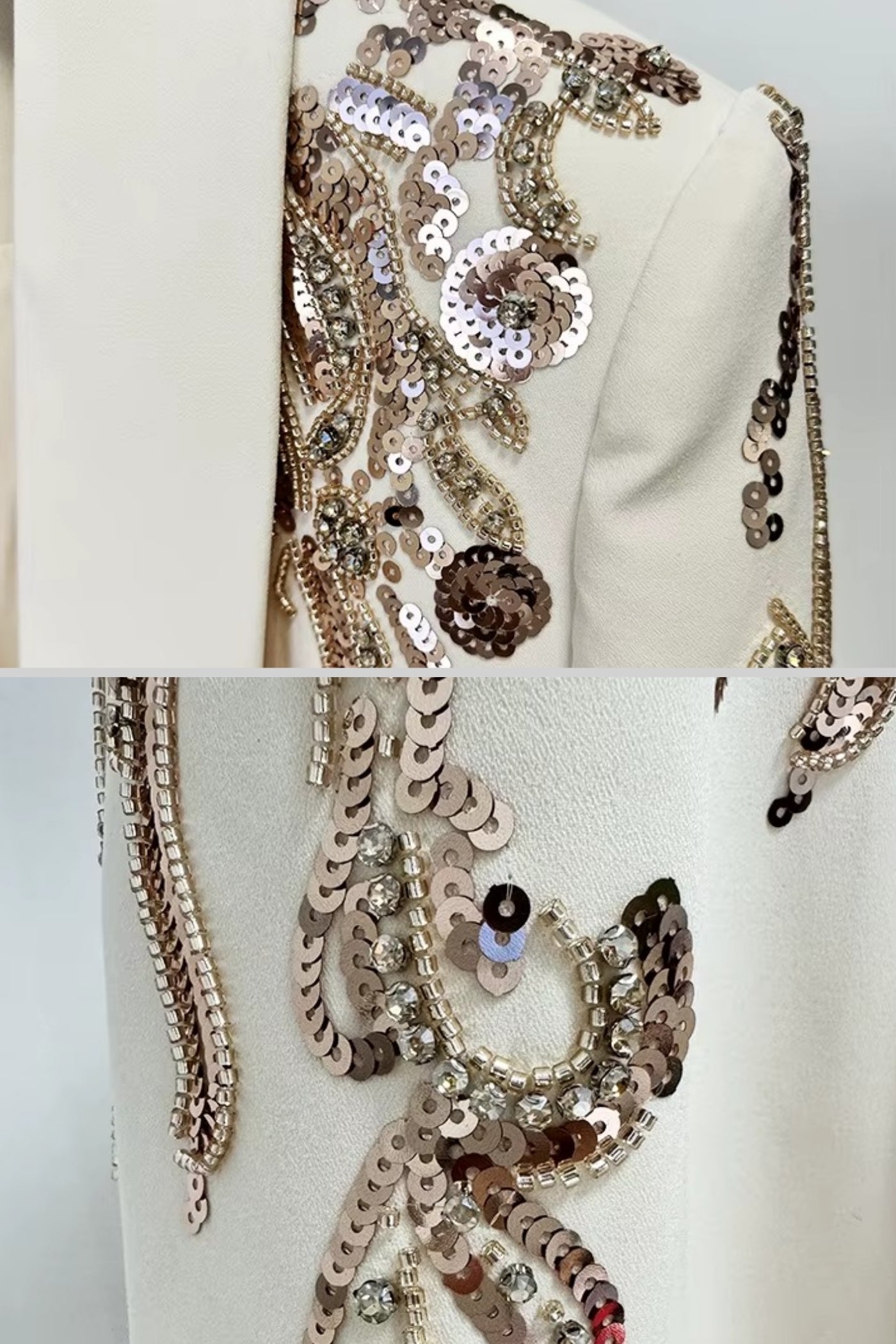 Fildişi Renk Drapeli Blazer – İnce Omuz Nakışlı