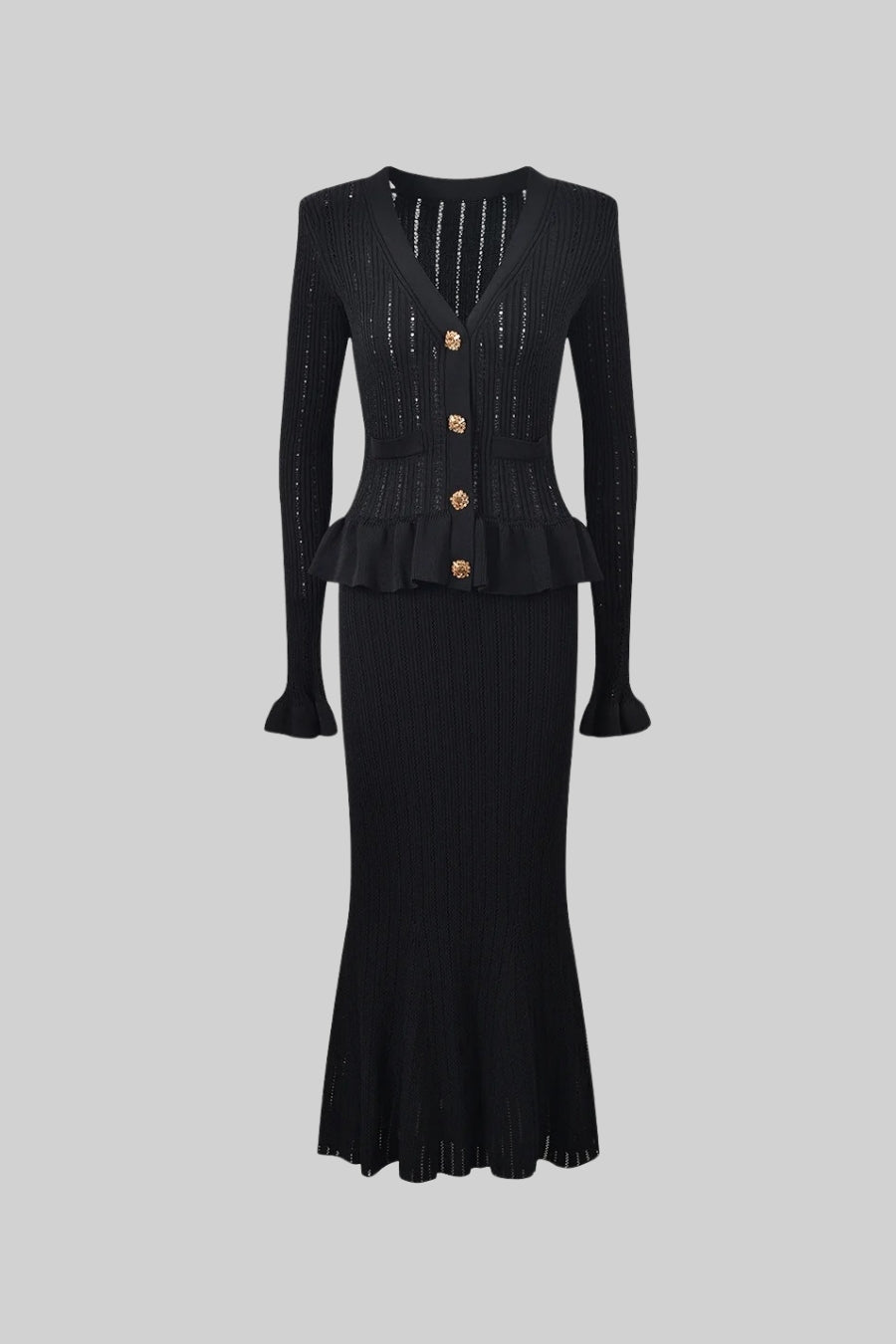 Siyah Fırfırlı Ceket & Volanlı Etek Triko Takım