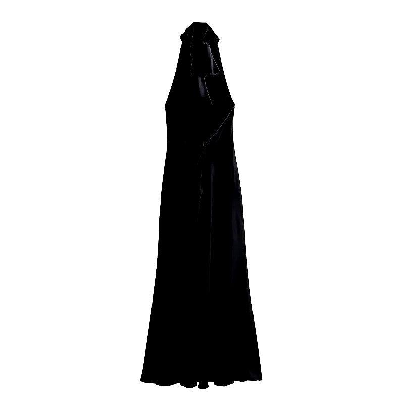 Zarif Halter Saten Sırtı Açık Maksi Elbise