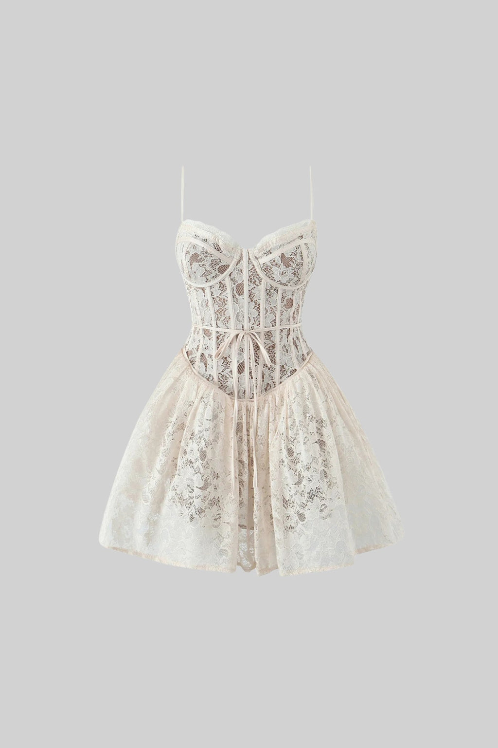 Fitted Bodice ve Kloş Etekli Zarif Dantel Straplez Elbise - Beyaz