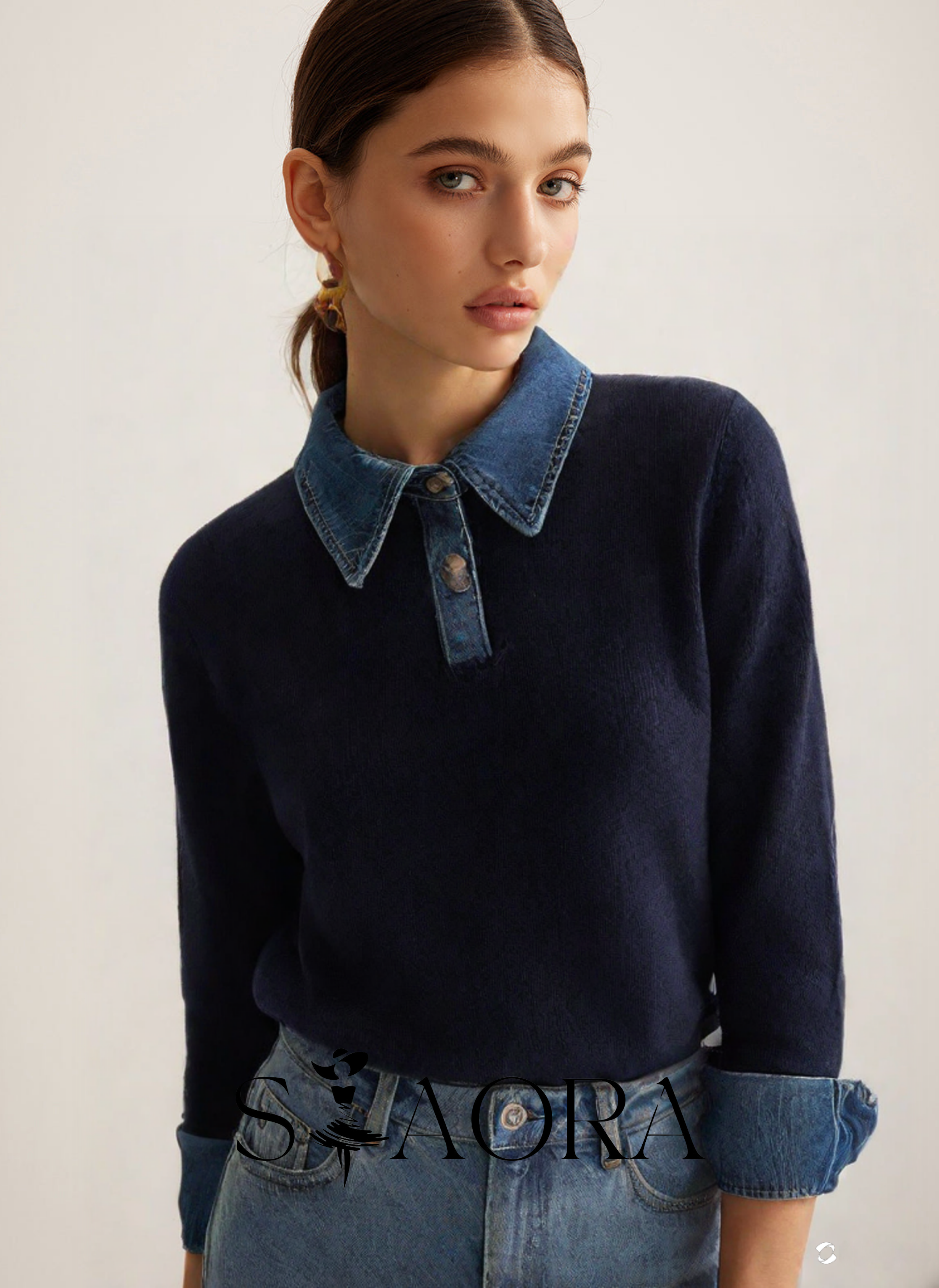 Denim Detaylı Triko Kazak