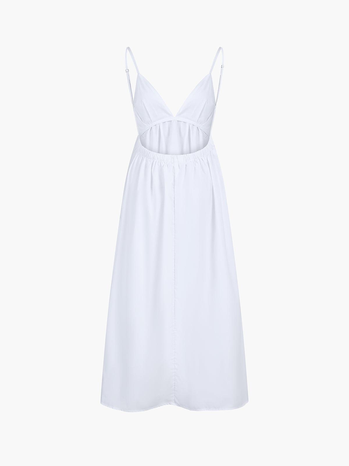 Askılı Derin V Yaka Beyaz Maxi Elbise