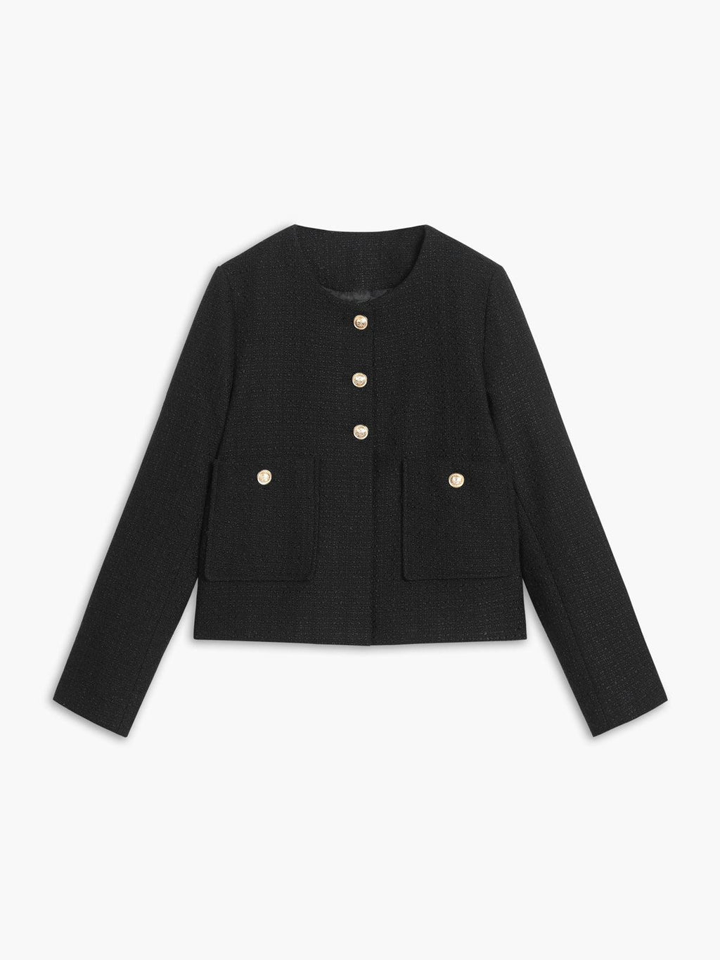 Altın Düğme Detaylı Siyah Kısa Tweed Ceket