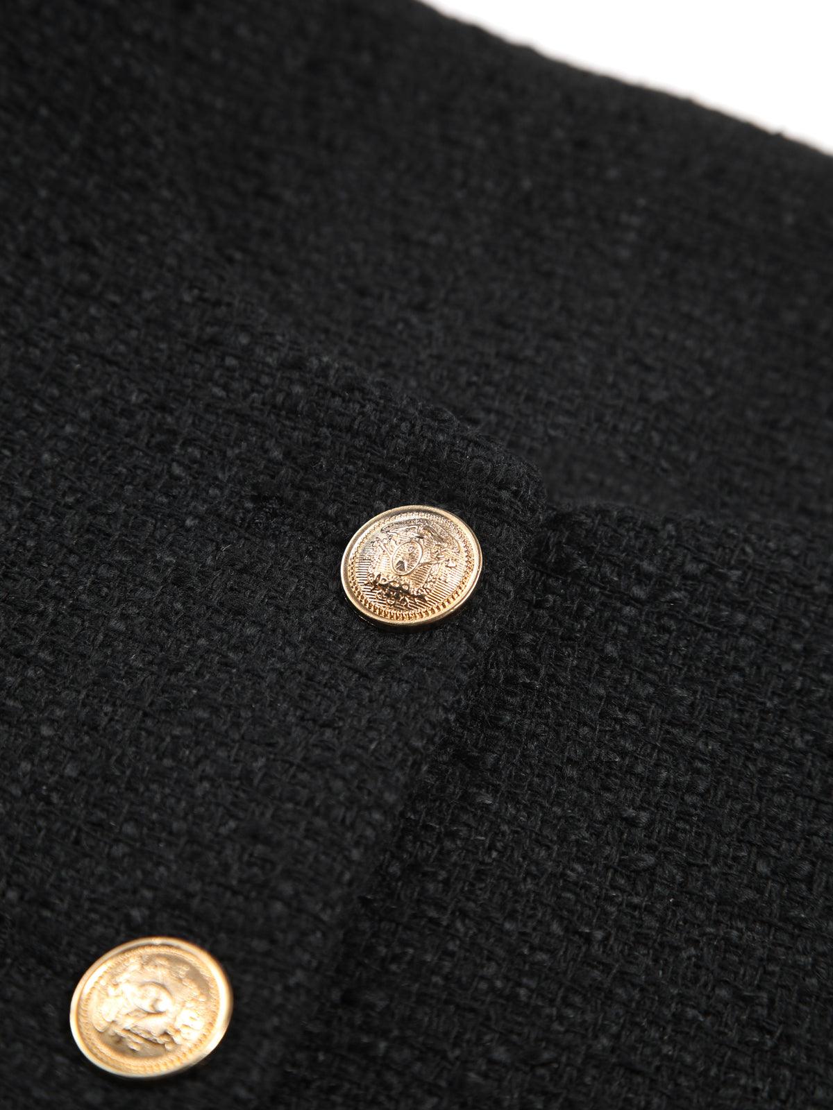 Altın Düğme Detaylı Siyah Kısa Tweed Ceket
