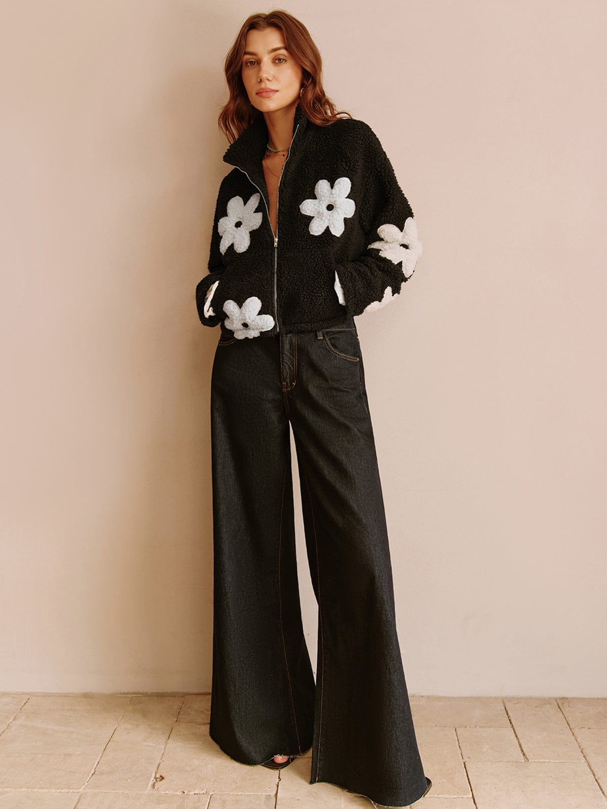 Çiçek Desenli Polar Ceket