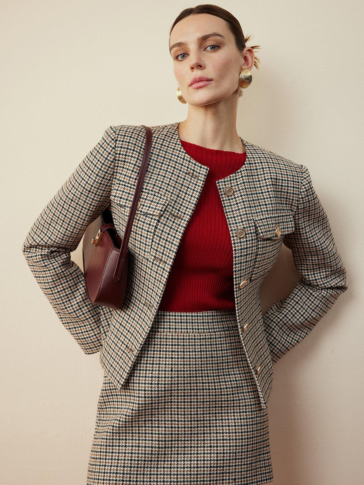 Altın Düğme Detaylı Ekoseli Ceket