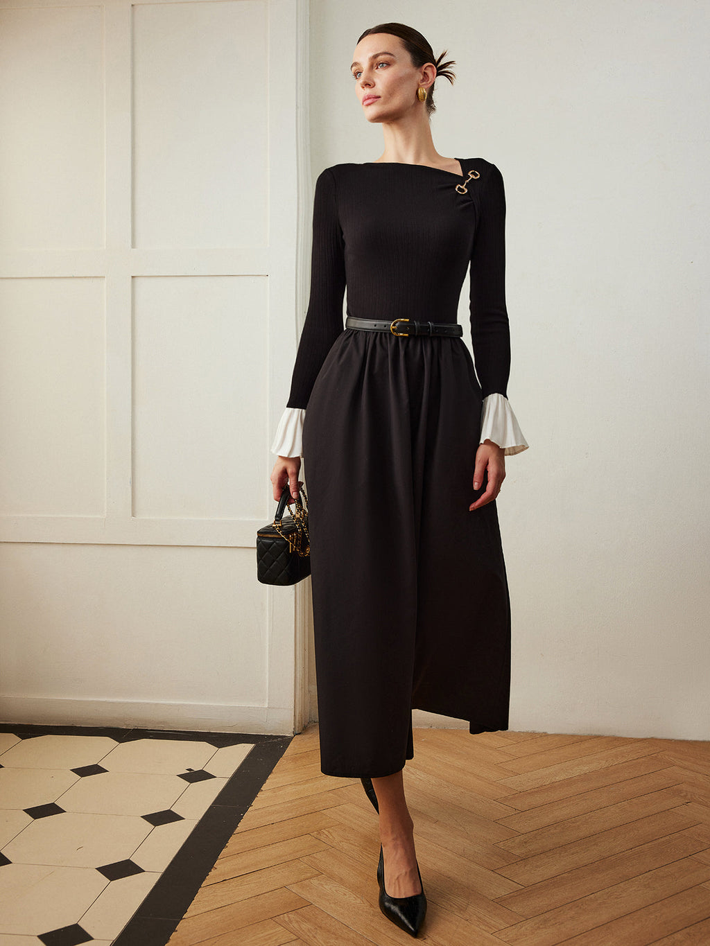 Volanlı Düğme Cep Elbise