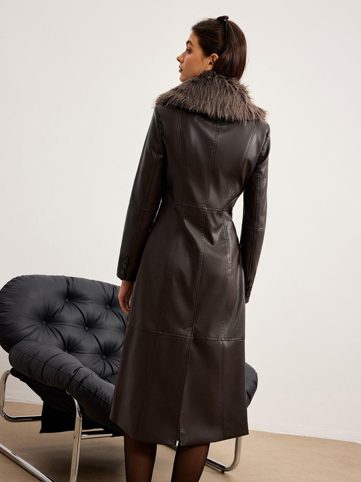 Çıkarılabilir Fuzzy Yaka Suni Deri Uzun Ceket