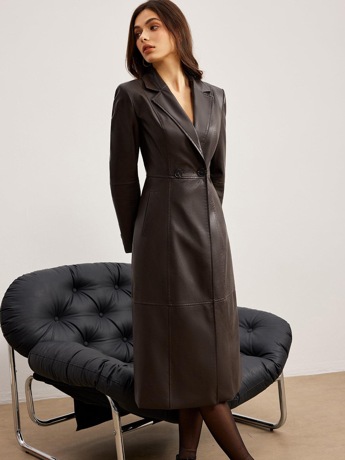 Çıkarılabilir Fuzzy Yaka Suni Deri Uzun Ceket