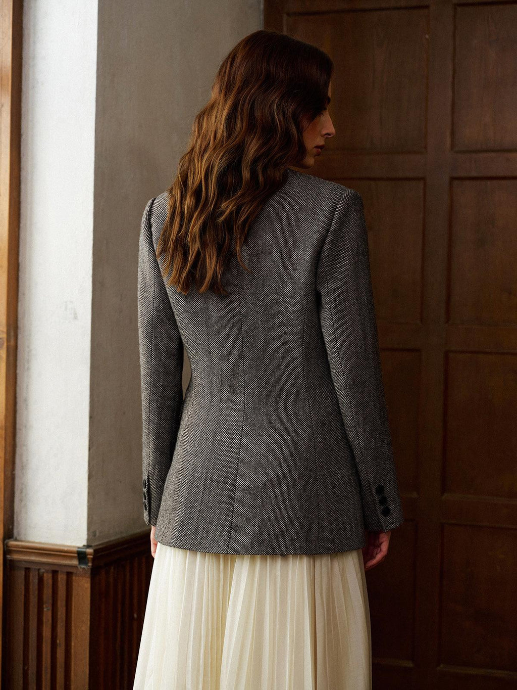 Çift Düğmeli Gri Kazayağı Desenli Blazer Ceket