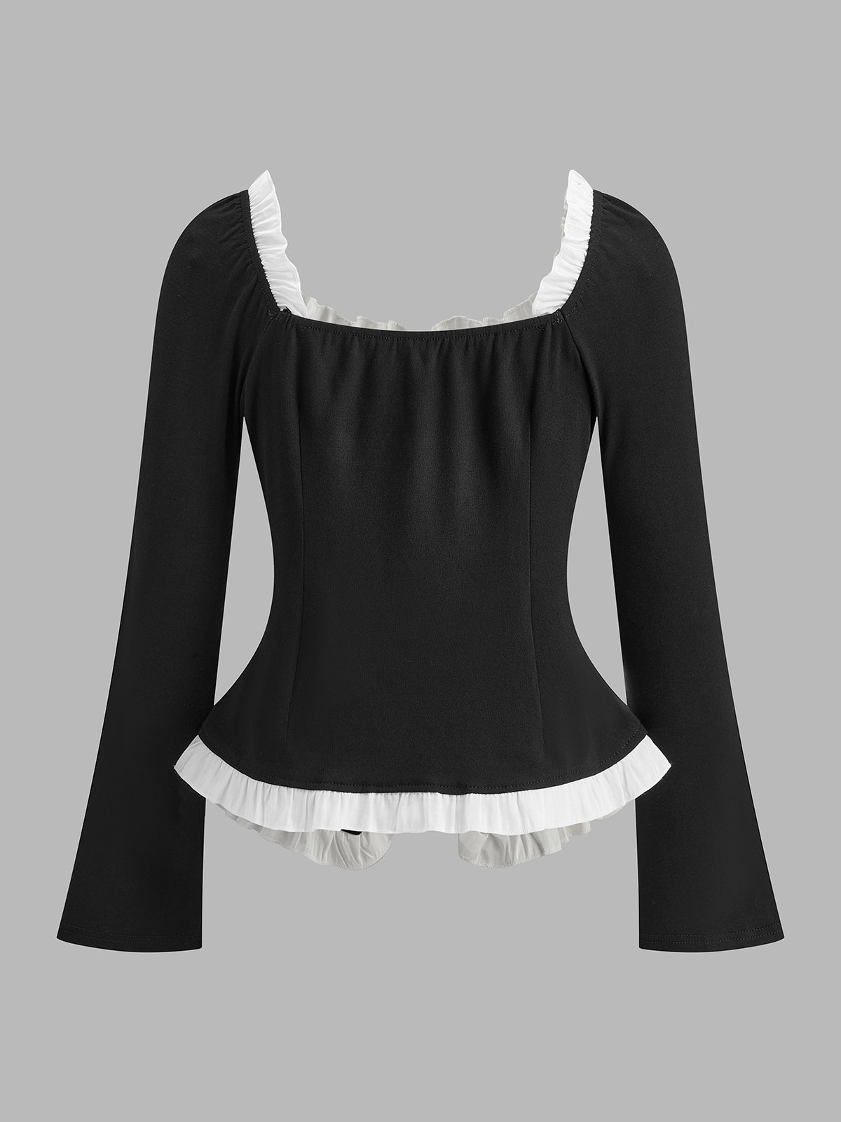 Kare Yaka Kontrast Marul Kesimli Yırtmaçlı Bluz