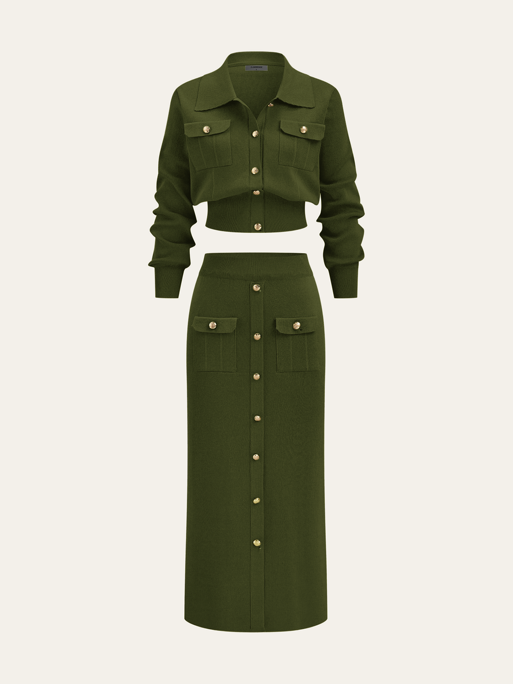 Metalik Düğme Detaylı Hırka ve Midi Boy Etek Takımı