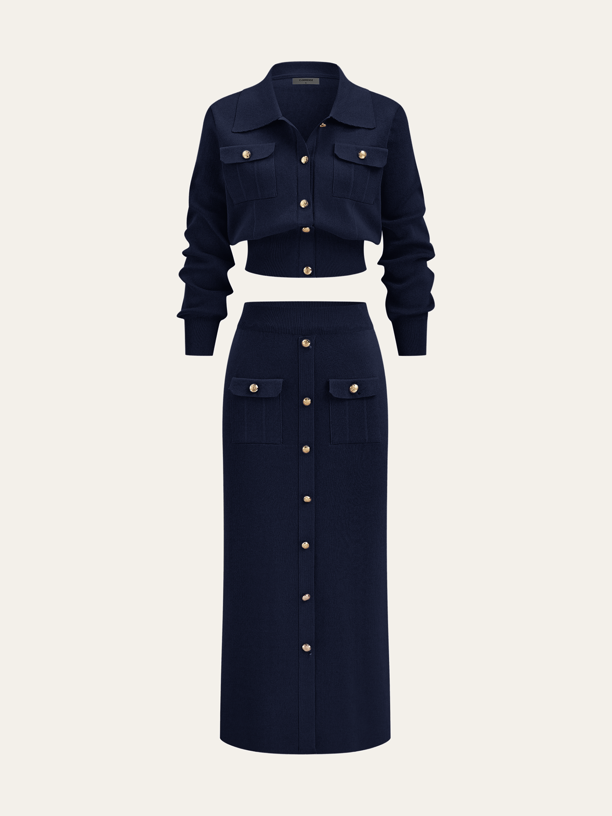 Metalik Düğme Detaylı Hırka ve Midi Boy Etek Takımı