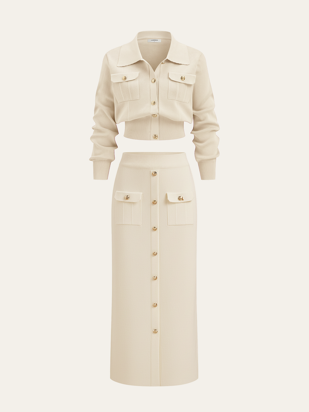 Metalik Düğme Detaylı Hırka ve Midi Boy Etek Takımı