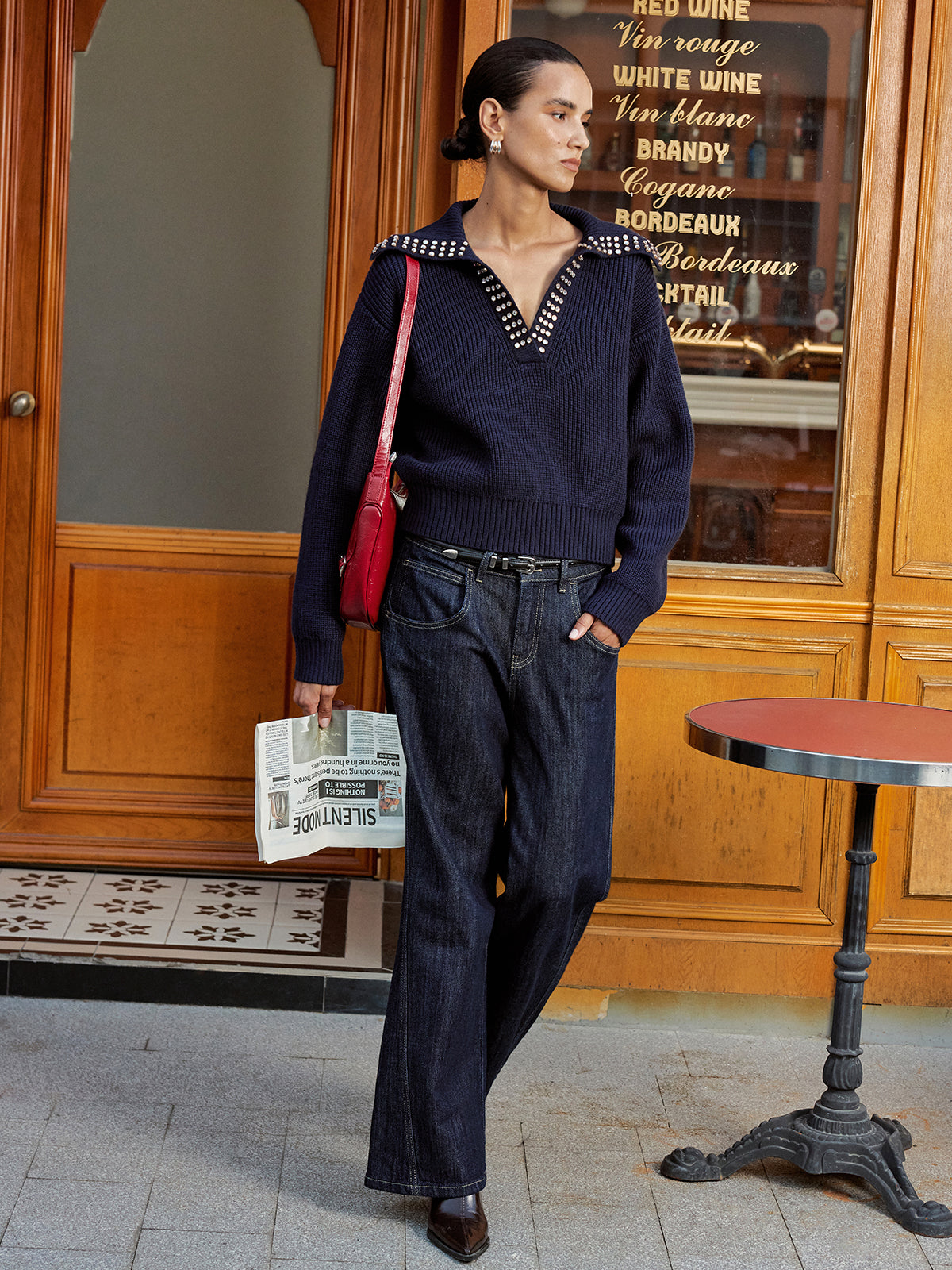 Zımba Süslemeli Yakalı Yün Karışımlı V Yaka Triko