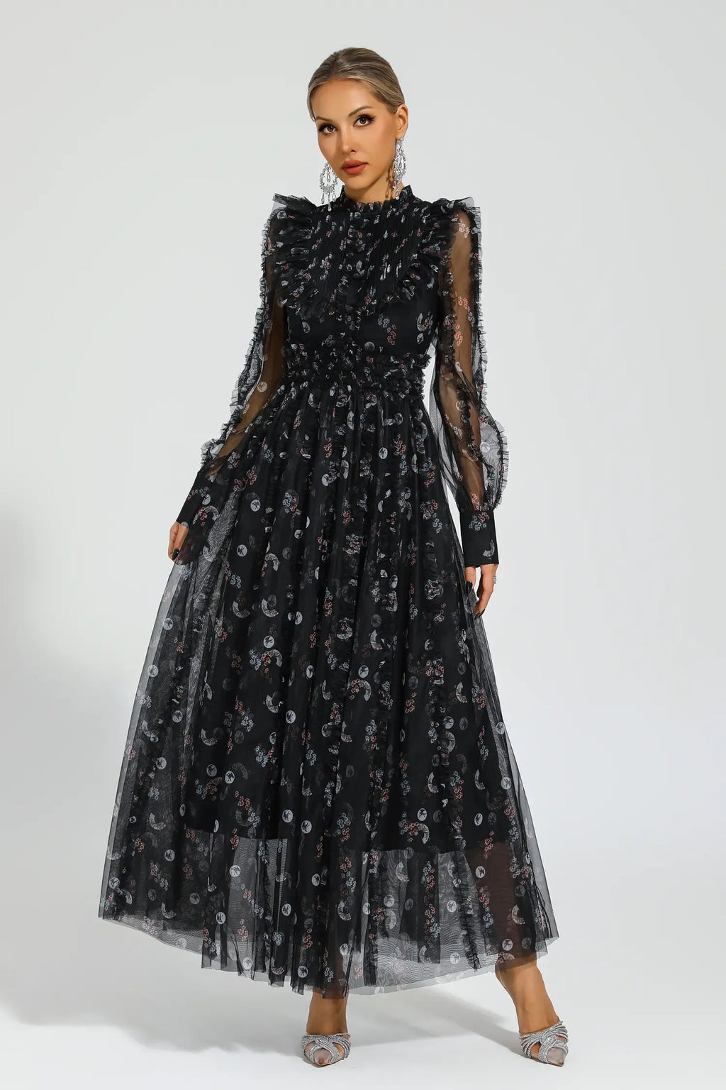 Siyah Çiçek Desenli Uzun Kollu Maxi Elbise