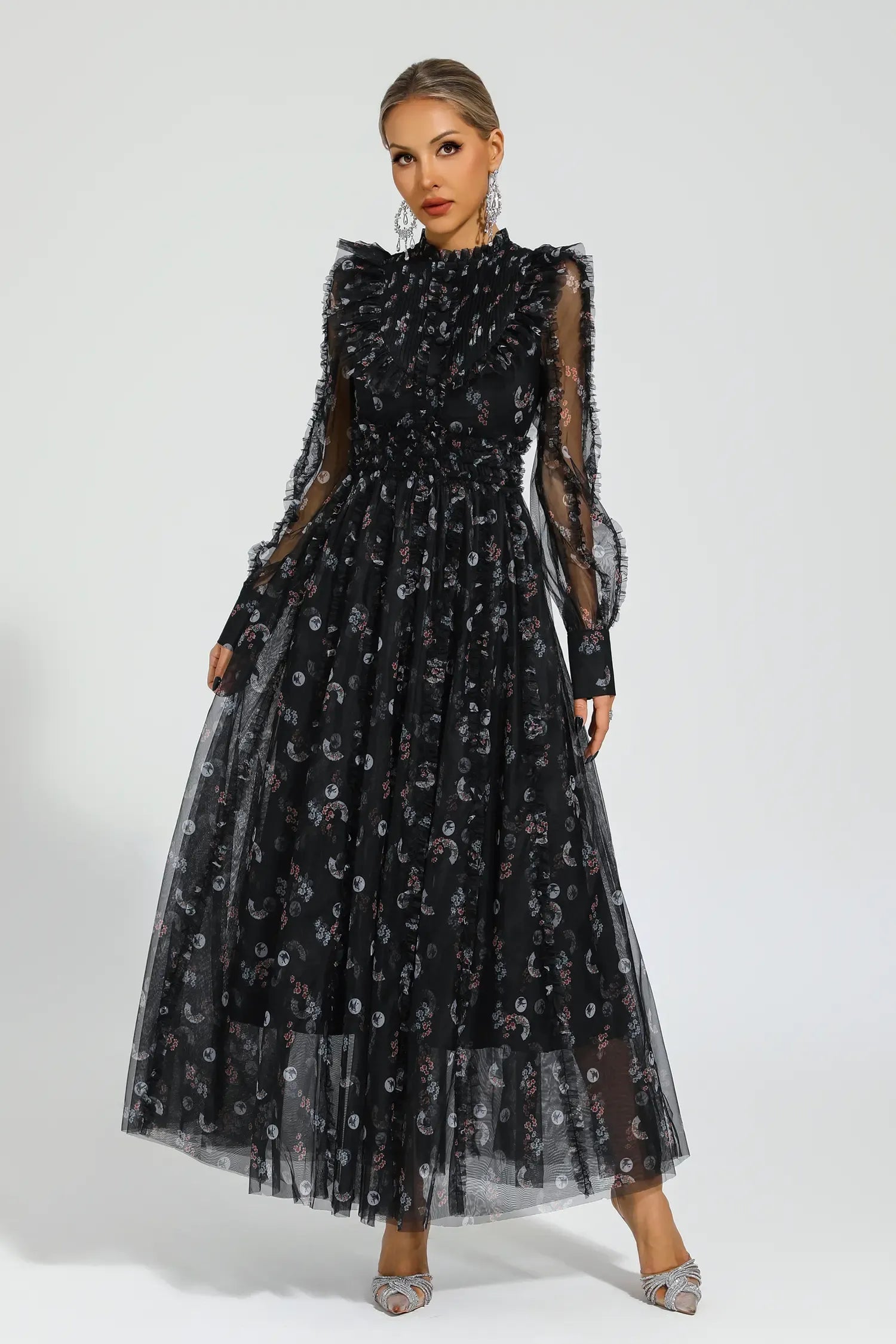 Siyah Çiçek Desenli Uzun Kollu Maxi Elbise