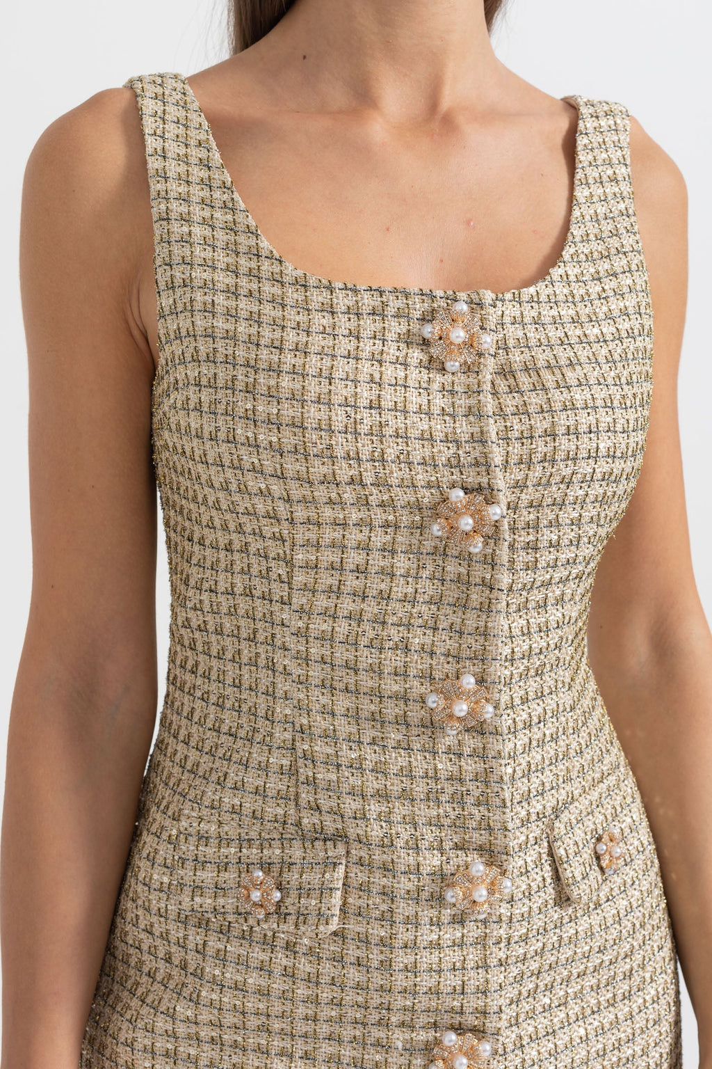 Altın Dekoratif Düğmeli Desenli Mini Elbise