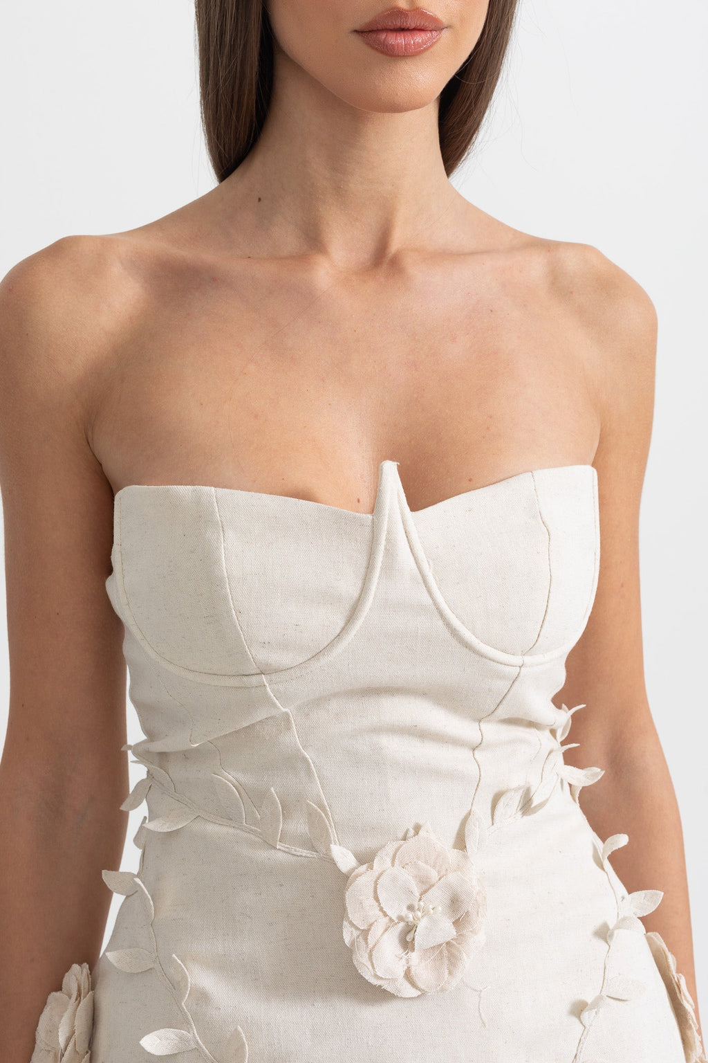 3D Çiçek Aplikeli Büstiyer Elbise - Ivoire