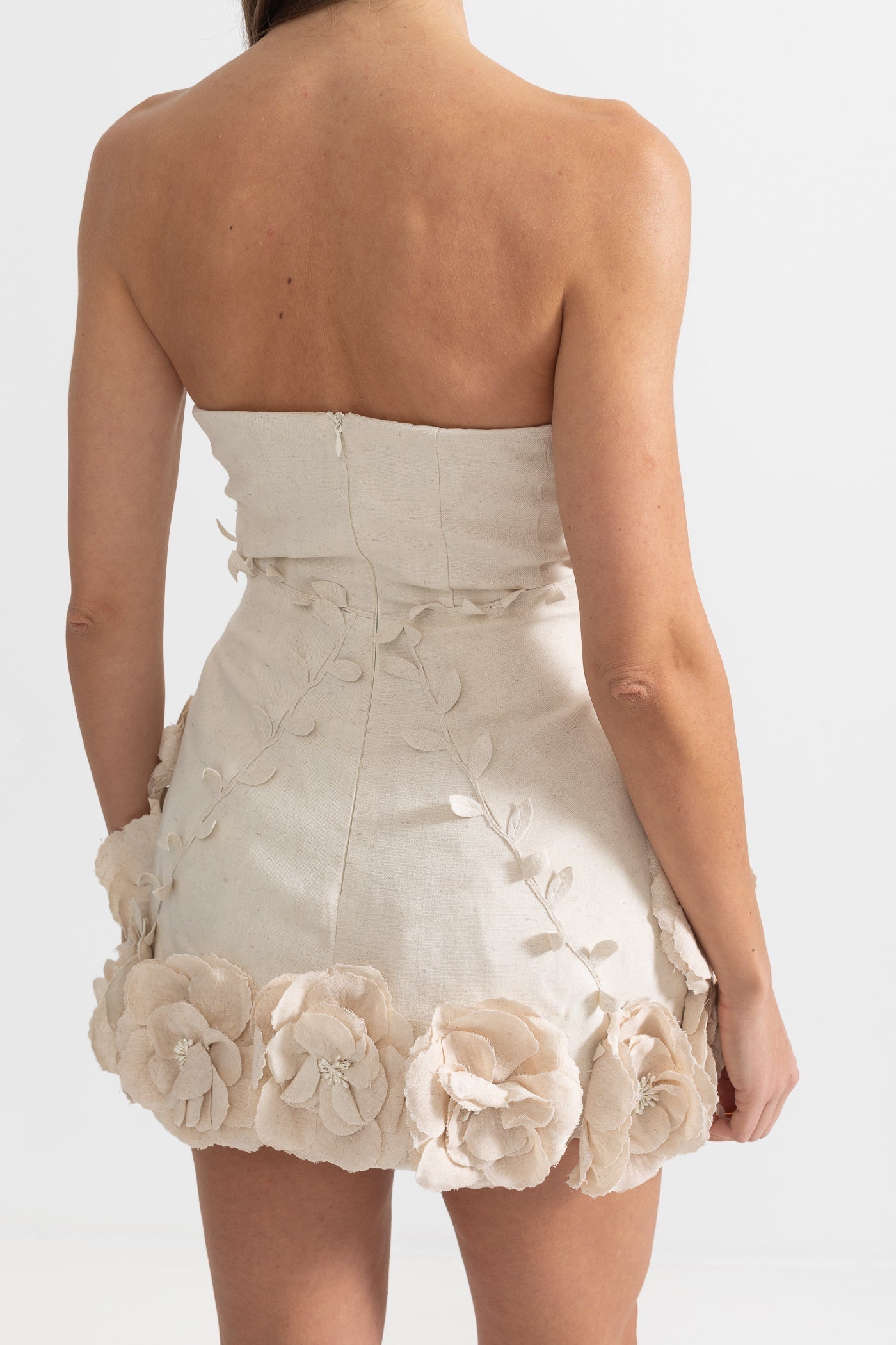 3D Çiçek Aplikeli Büstiyer Elbise - Ivoire