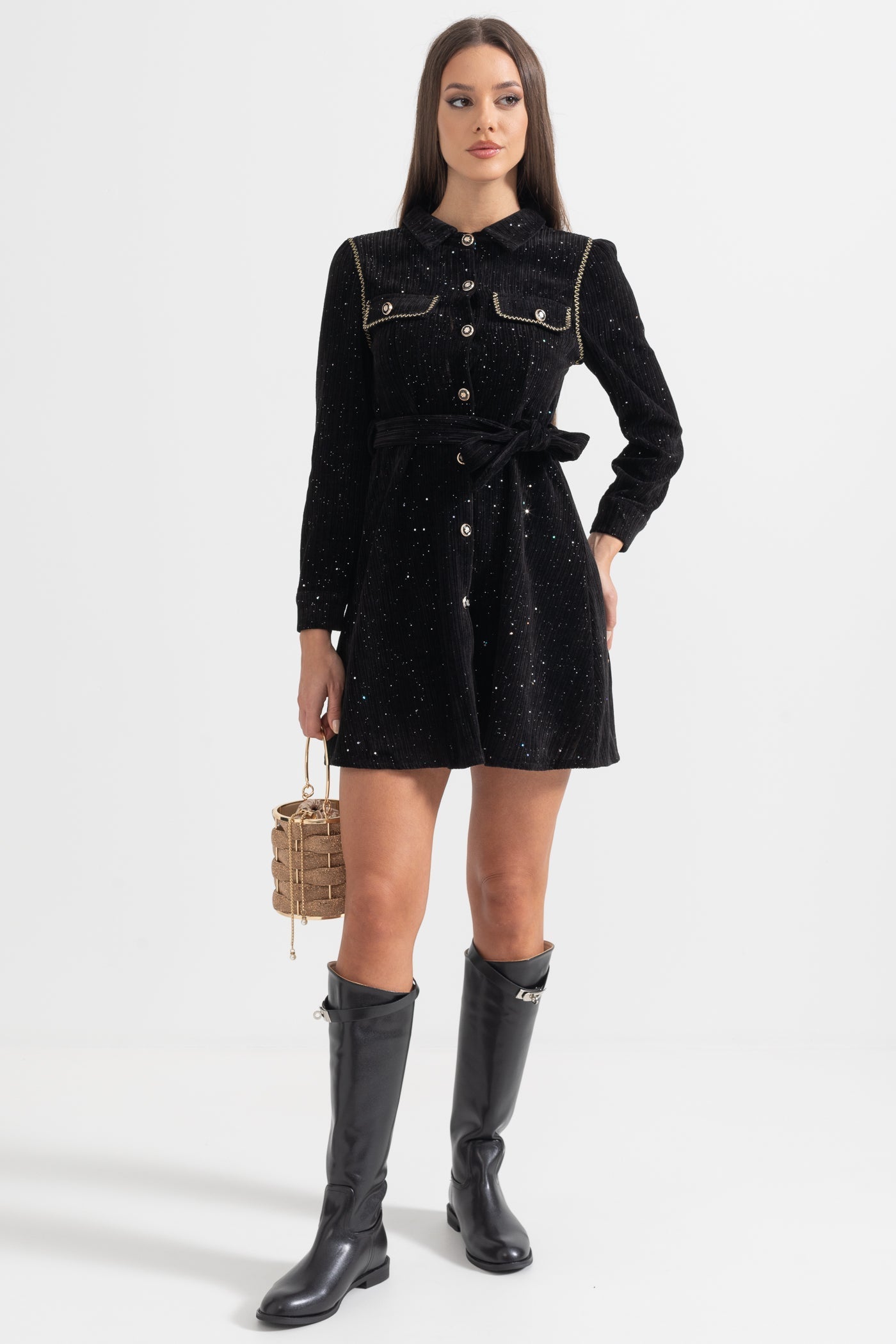 Siyah Uzun Kollu Zarif Ribana Elbise