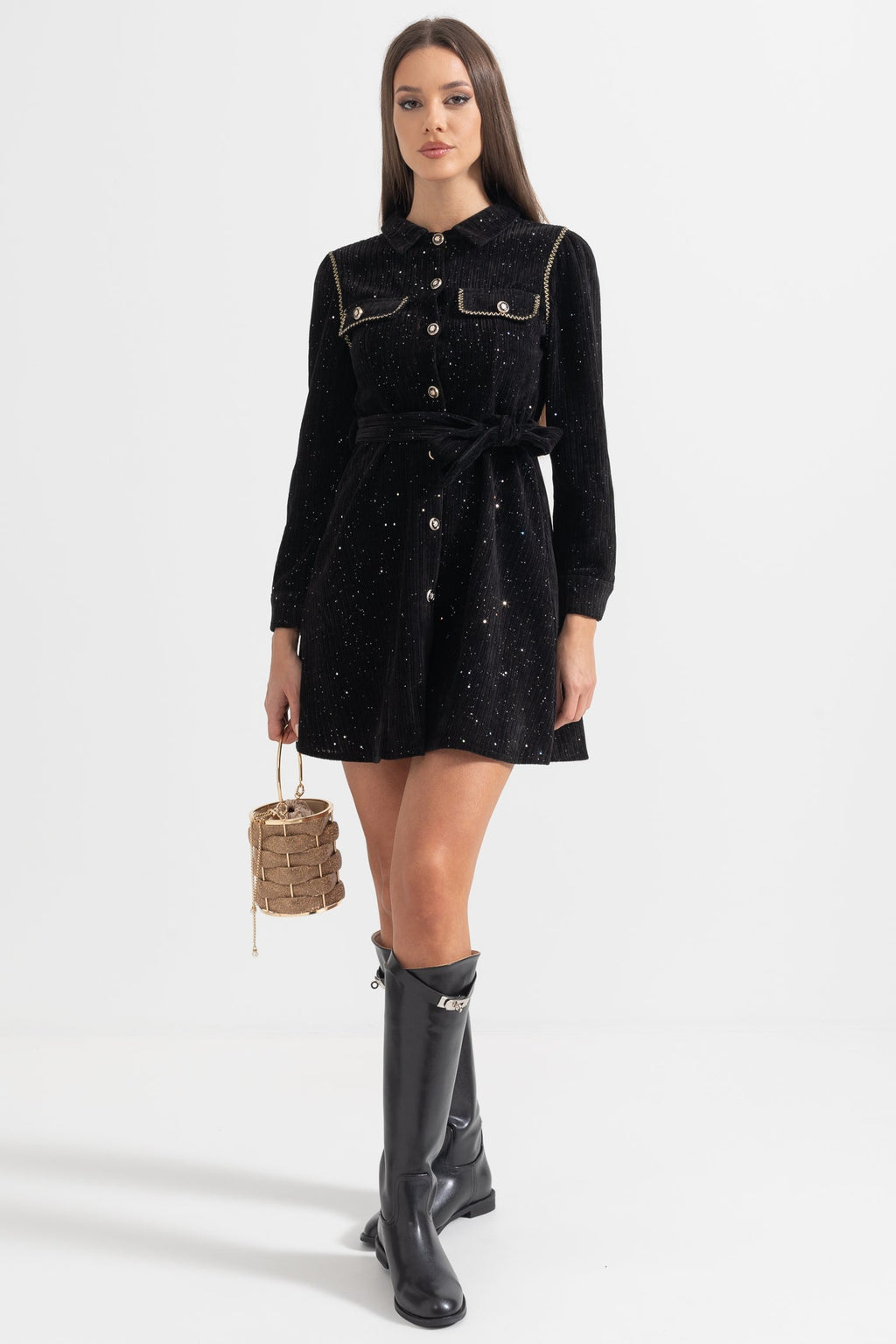 Siyah Uzun Kollu Zarif Ribana Elbise