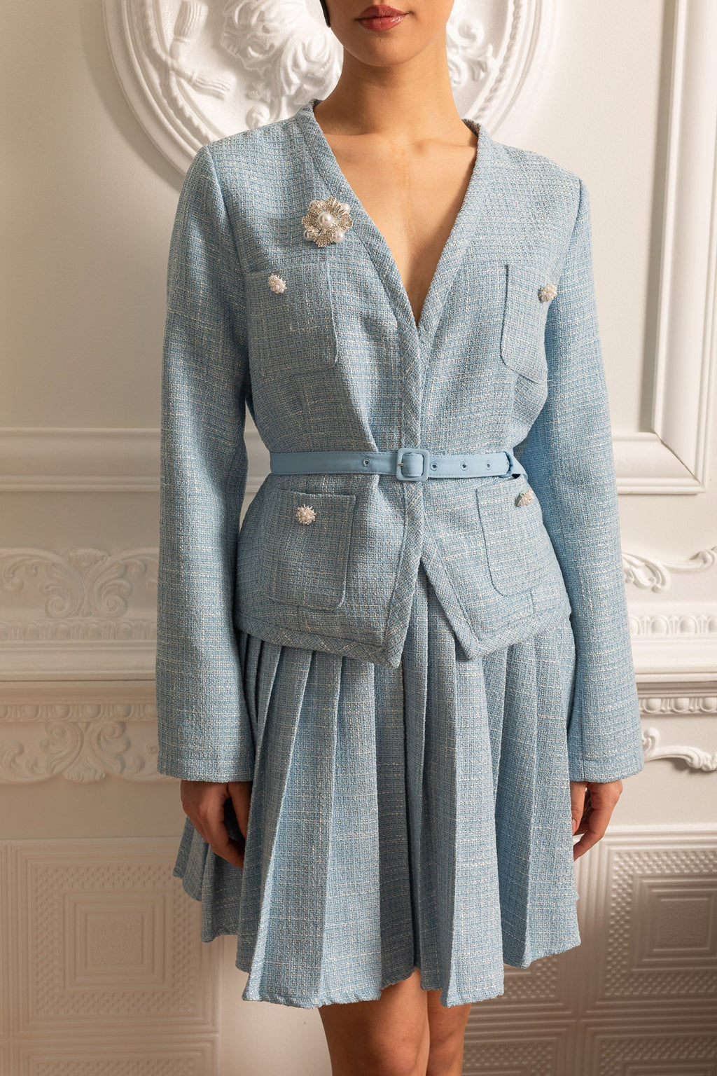 Uzun Kollu Üst ve Eşleşen Pileli Mini Etekli Dokulu Ortak Takım - Mavi