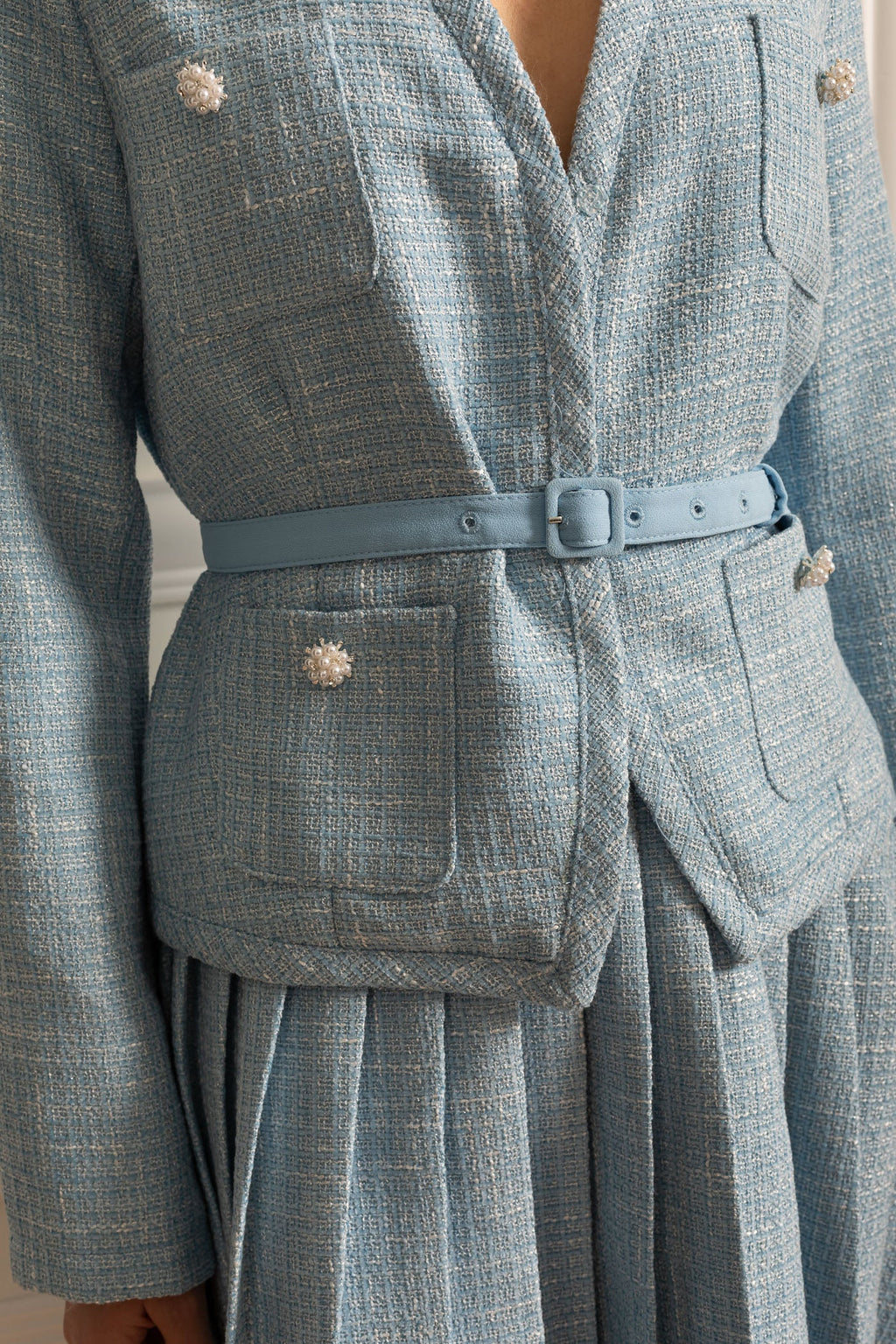 Uzun Kollu Üst ve Eşleşen Pileli Mini Etekli Dokulu Ortak Takım - Mavi