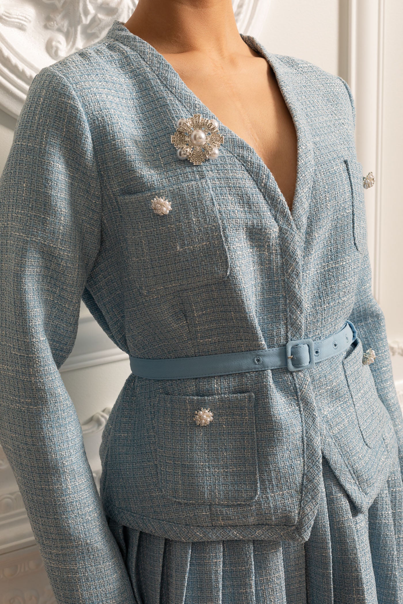 Uzun Kollu Üst ve Eşleşen Pileli Mini Etekli Dokulu Ortak Takım - Mavi