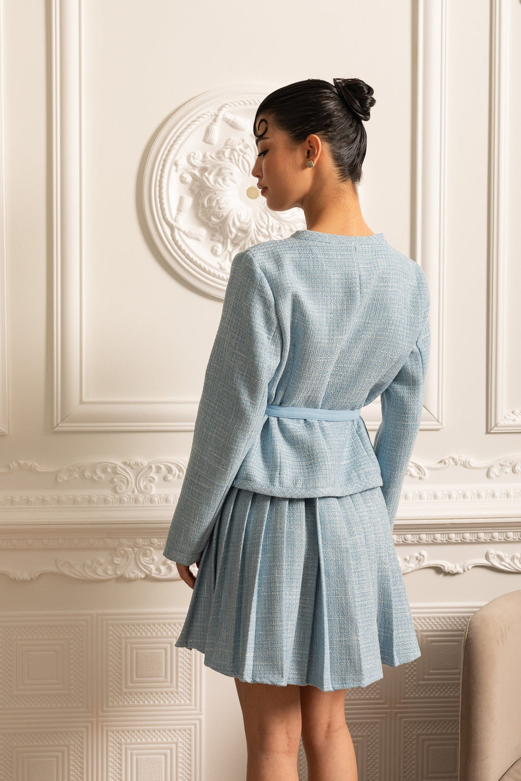 Uzun Kollu Üst ve Eşleşen Pileli Mini Etekli Dokulu Ortak Takım - Mavi