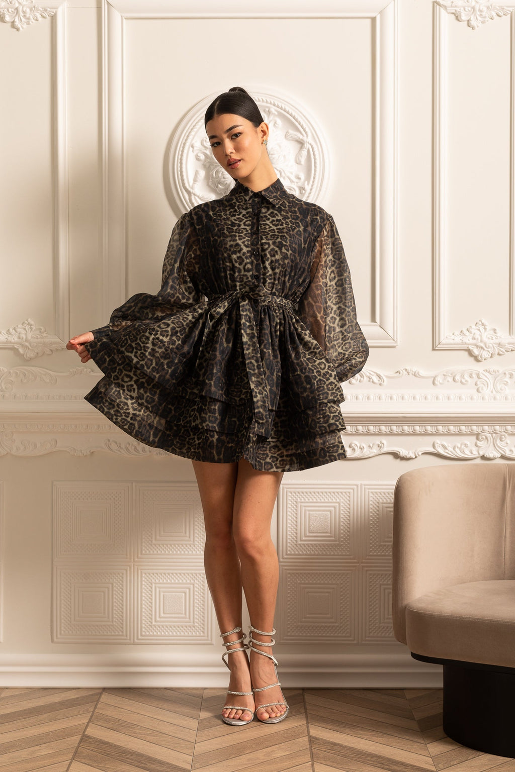 Etekli Leopar Desenli Uzun Kollu Elbise