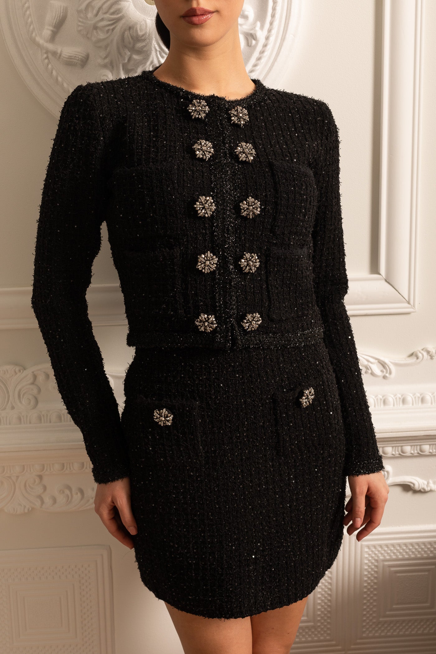 Uzun Kollu Ceket ve Mini Etekli Örgü Co-Ord Set - Siyah