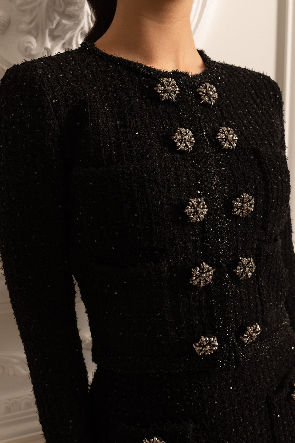 Uzun Kollu Ceket ve Mini Etekli Örgü Co-Ord Set - Siyah