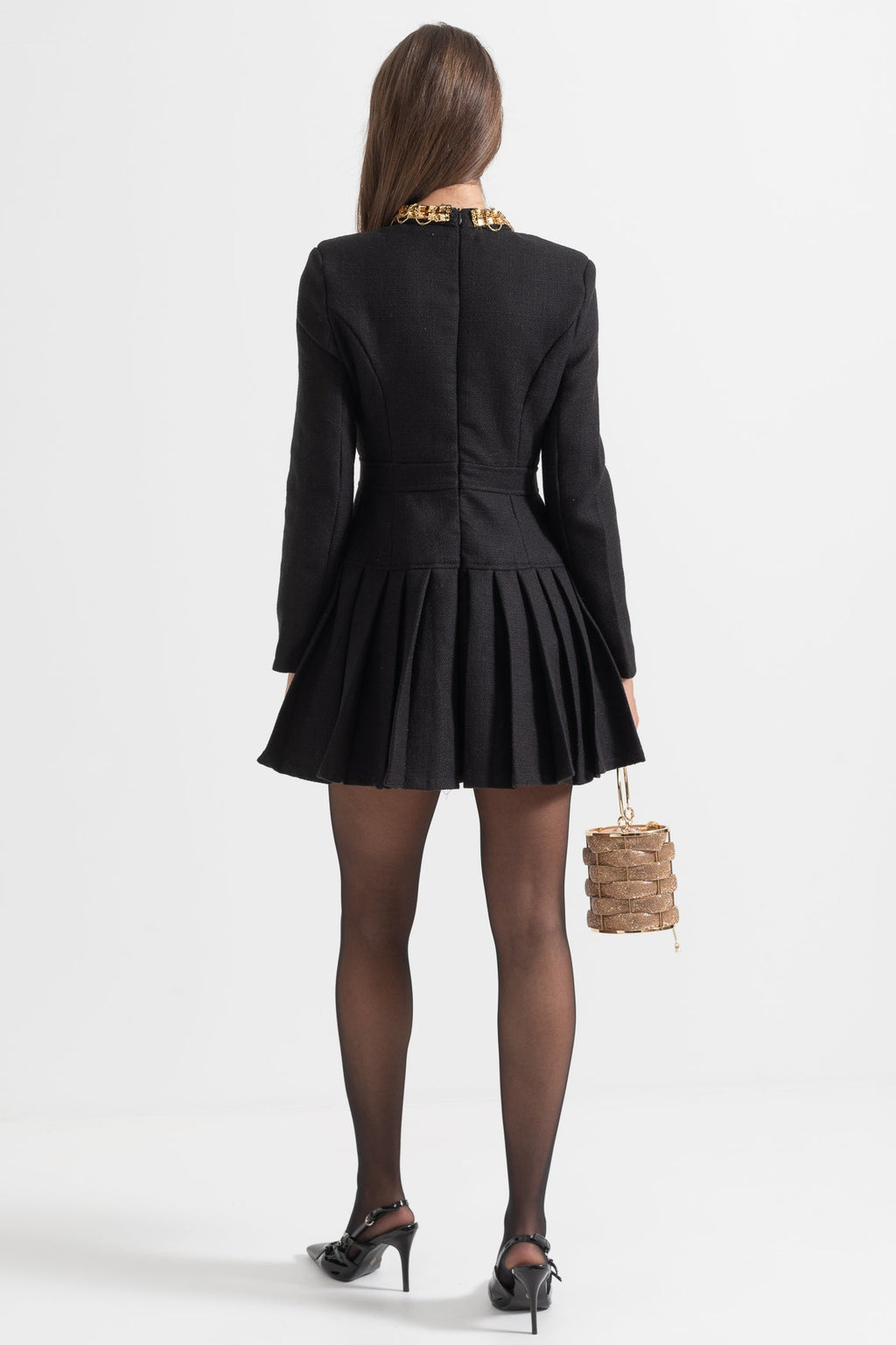 Altın Düğme Detaylı Siyah Elbise