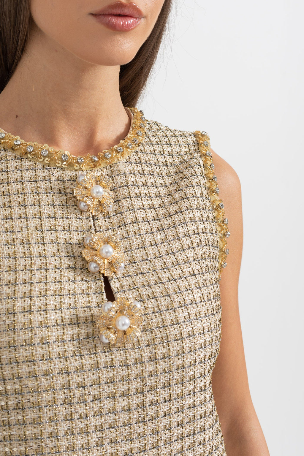 Altın Vurgularla Desenli Mini Elbise