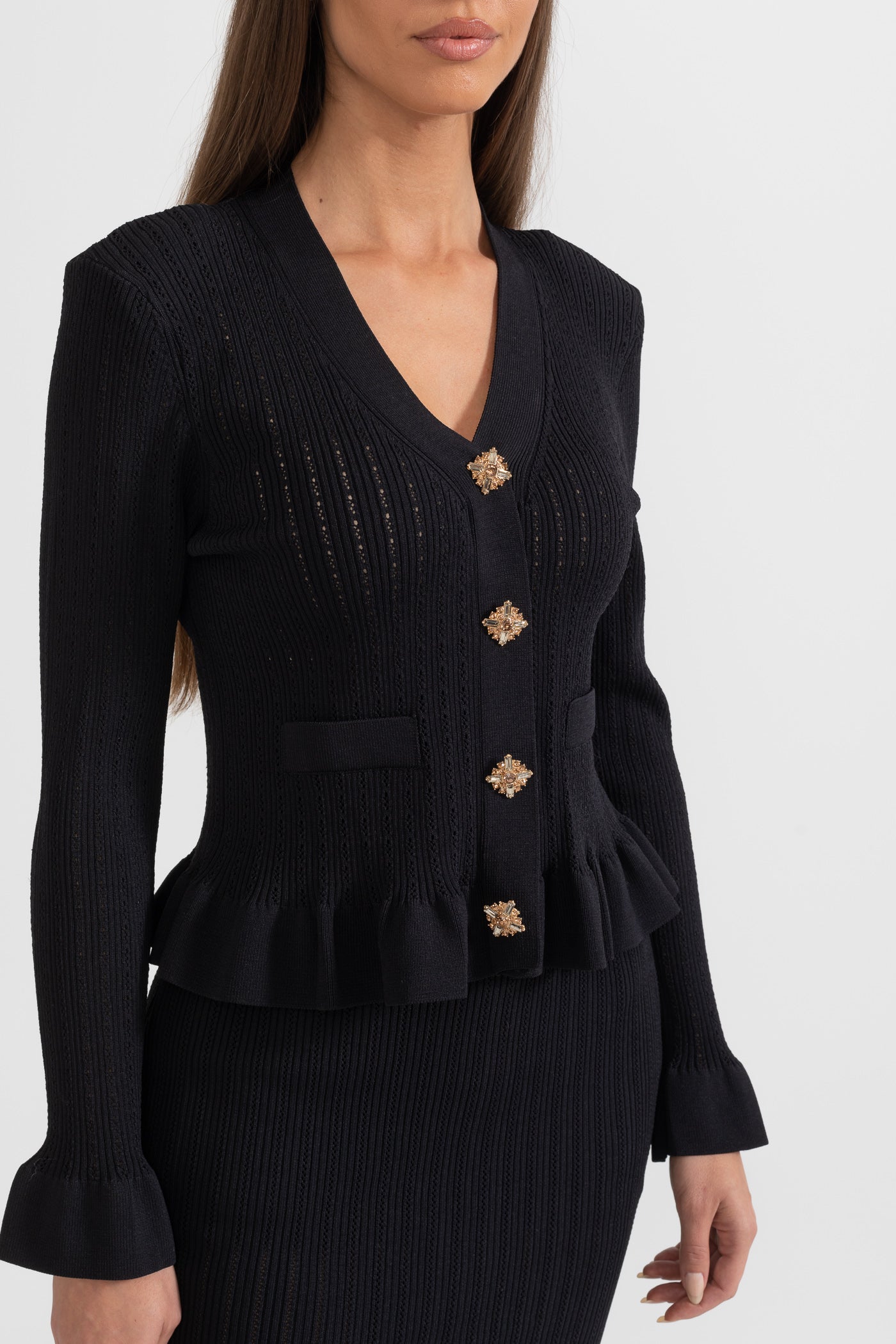 Siyah Fırfırlı Ceket & Volanlı Etek Triko Takım