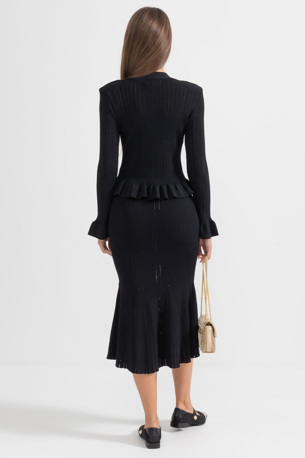 Siyah Fırfırlı Ceket & Volanlı Etek Triko Takım